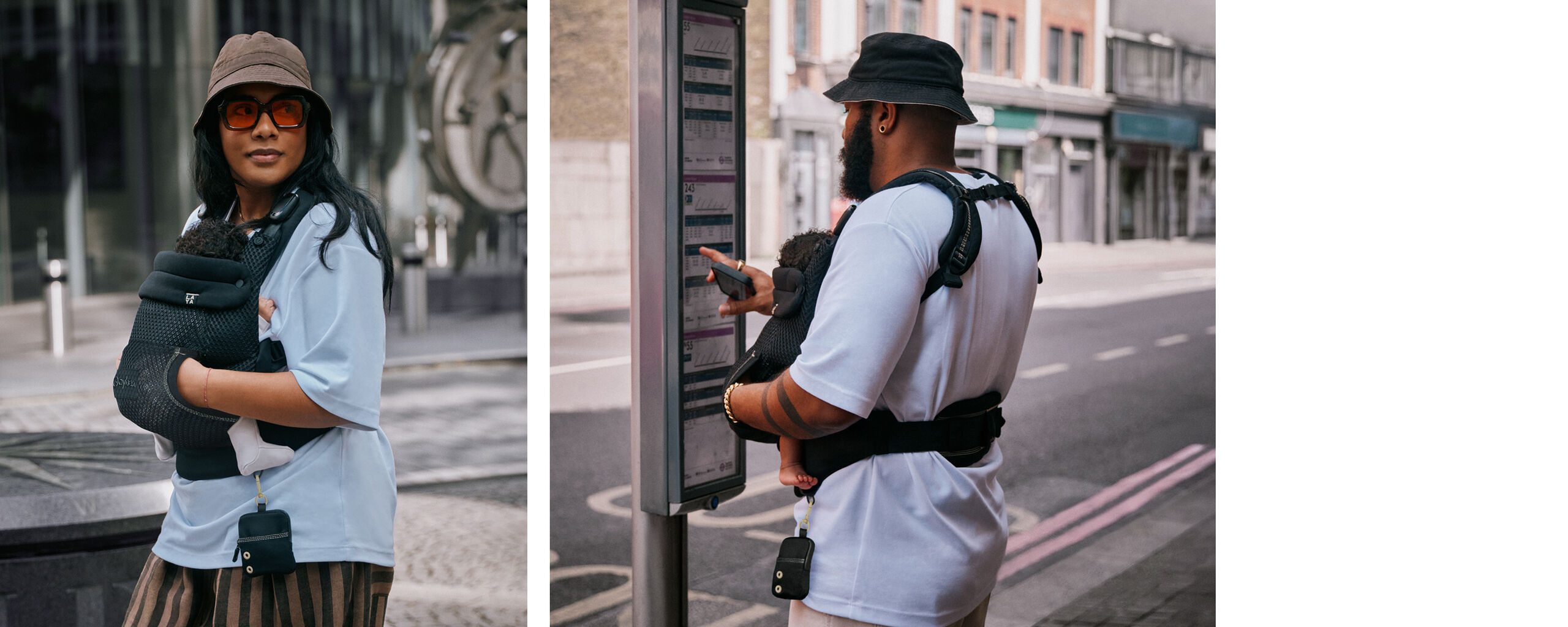 Two images. A woman on the left wearing a hat and sunglasses, carrying her baby in a Laya baby carrier. On the right, it's a man carrying his baby in the baby carrier, checking for bus times.