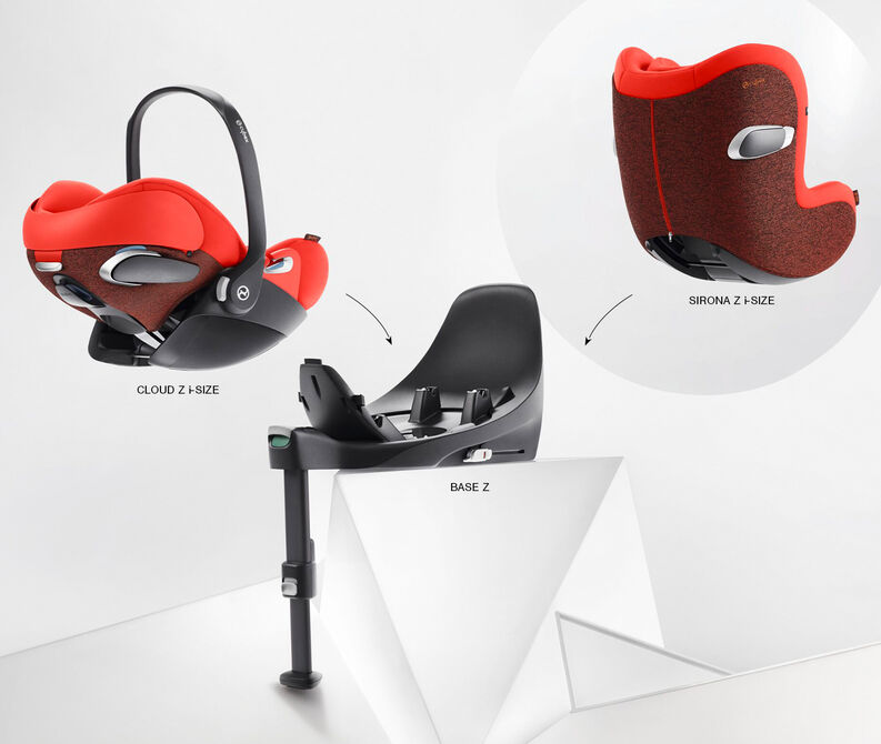 A red Sirona Z i-Size car seat and matching Base Z on a white background.