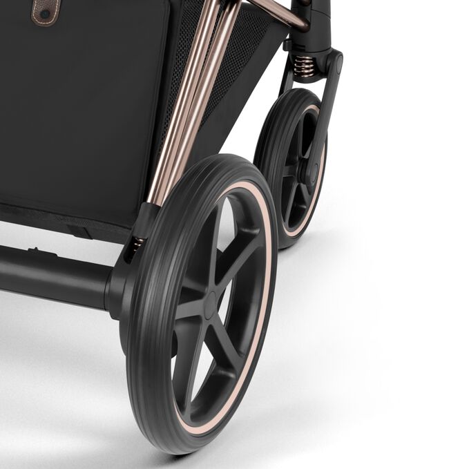 Afbeelding van de CYBEX Platinum e-Priam , met de nadruk op de functie All-Wheel Suspension.