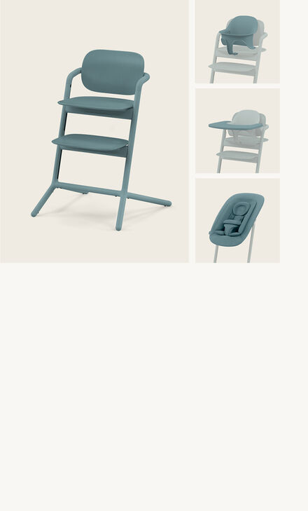 Produktbild eines Lemo 4-in-1 Set, links als normaler Stuhl, rechts mit Babyset, Bouncer und Tablett angebracht.