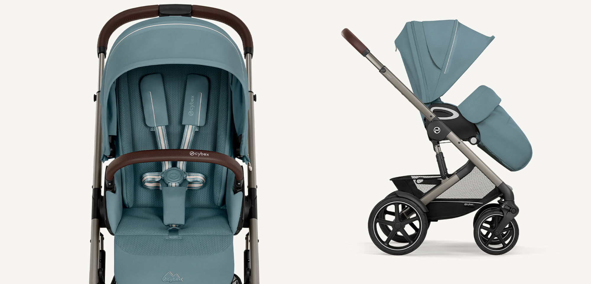 Product images of a Talos S Lux in Stormy Blue, a close up on the left and a sideview on the right.