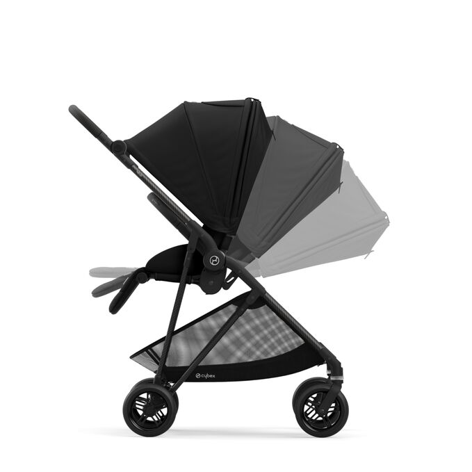 Ein Bild des CYBEX Gold Melio 1 Carbon Stroller, das das Merkmal Flache Liegeposition hervorhebt.