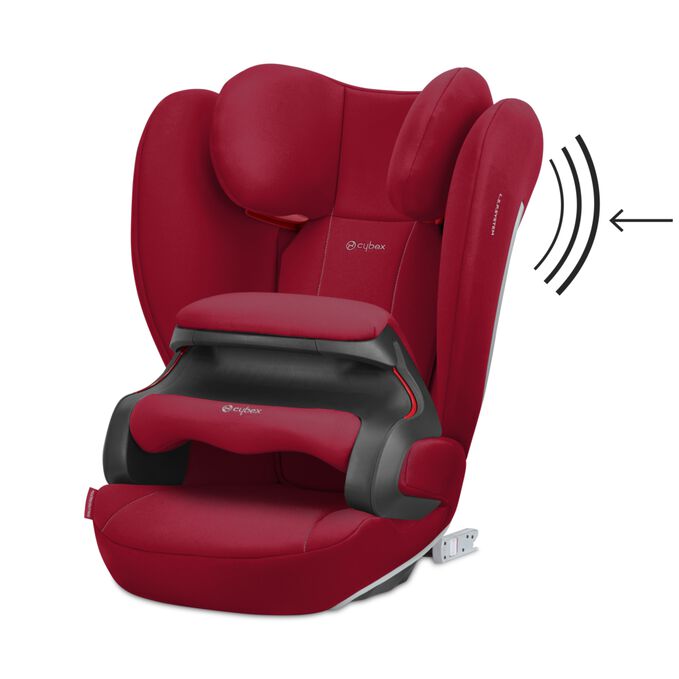 Ein Bild des CYBEX Silver Pallas B2-Fix Toddler Car Seat, das das Merkmal Reduziert Seitenaufprallkräfte hervorhebt.