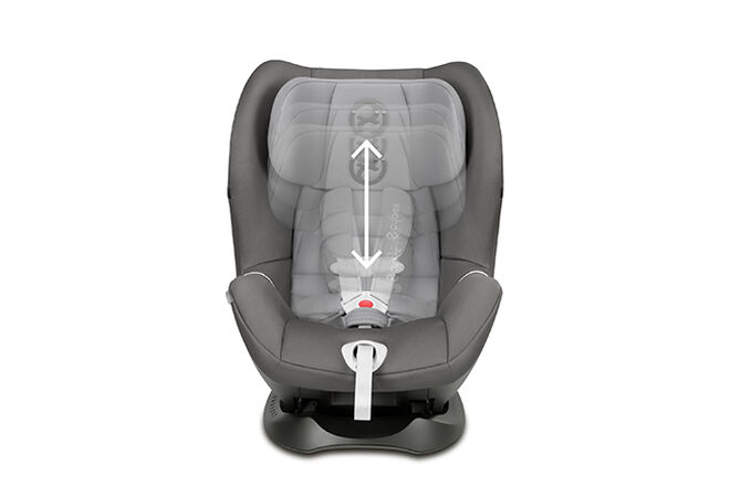 An image of the CYBEX Gold Sirona M with SensorSafe Toddler Car Seat, highlighting the 12-Position Height-adjustable Headrest feature.