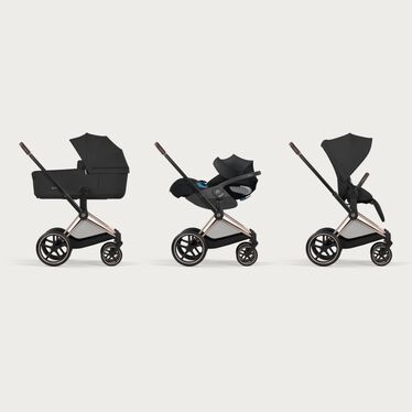 An image of the CYBEX Platinum Priam Frame - Style Collection Stroller, highlighting the Travel System Ready feature.