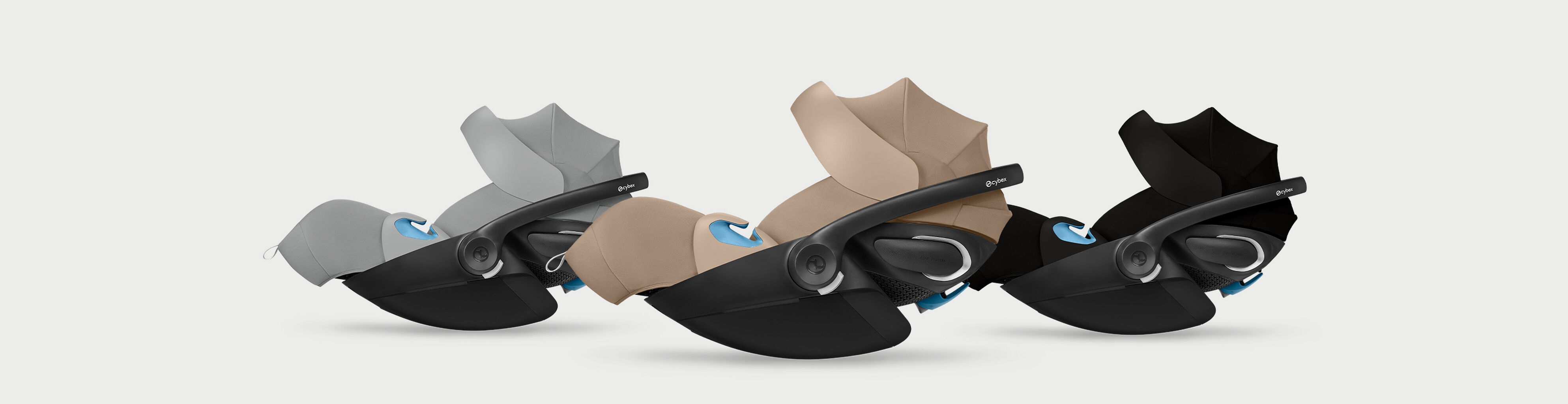 Five Cloud G Pro infant car seats next to each other in sideview, different colors.