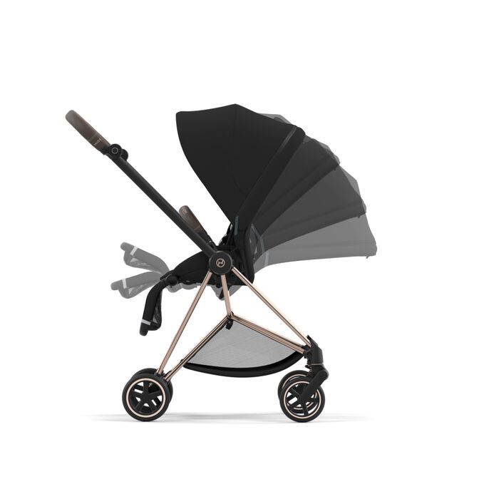 An image of the CYBEX Platinum Mios Seat Pack Stroller, highlighting the One-hand recline and fold feature.