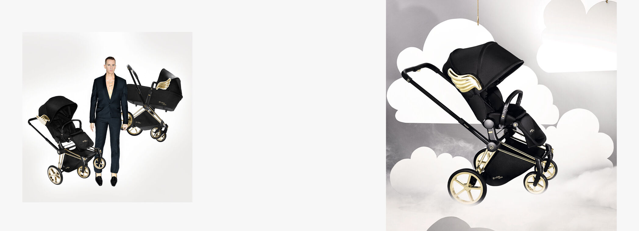 CYBEX by Jeremy Scott ‘Wings’ campaign shoot: black pushchair with golden wings set against an artificial cloud backdrop.