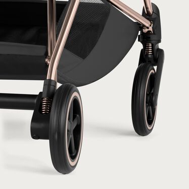 An image of the CYBEX Platinum Mios Frame - Style Collection Stroller, highlighting the All-wheel Suspension feature.