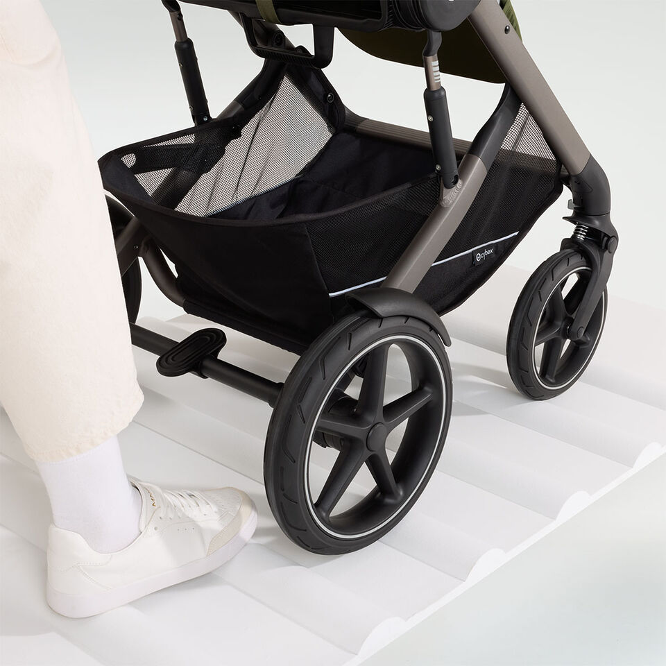 Close up of the Talos S Lux wheels with advanced suspension.