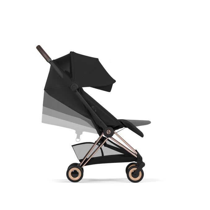 Afbeelding van de CYBEX Platinum Coya with Cot Stroller, met de nadruk op de functie Ergonomic Lie-Flat.