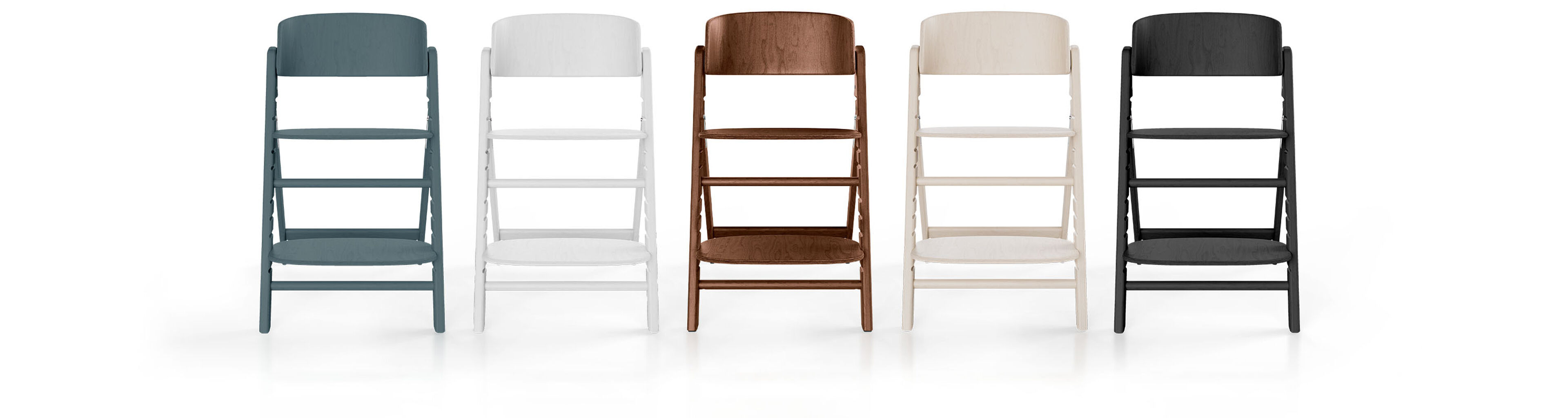 Click and Fold high chairs in four colours: blue, white, beige, and black.