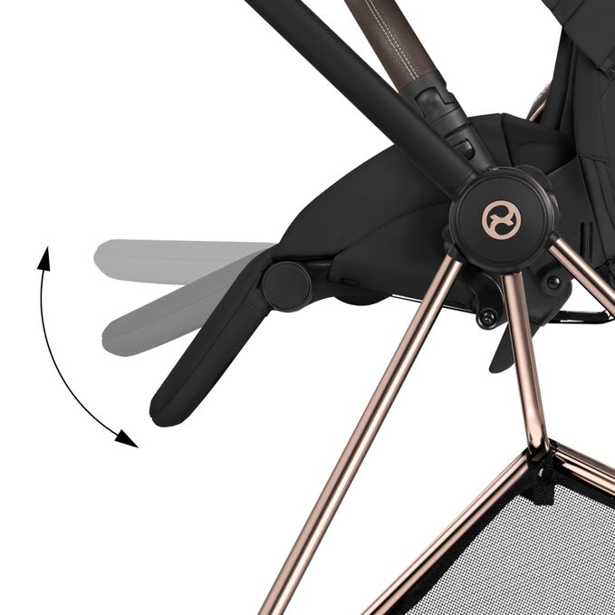 An image of the CYBEX Platinum Mios Frame - Style Collection Stroller, highlighting the Adjustable Leg Rest feature.