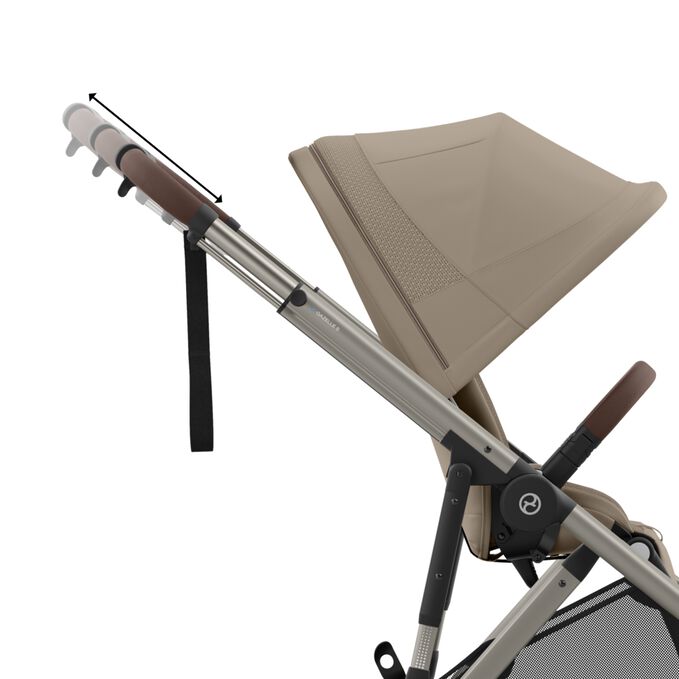 An image of the CYBEX Gold e-Gazelle S Sibling Stroller, highlighting the Adjustable Handlebar feature.