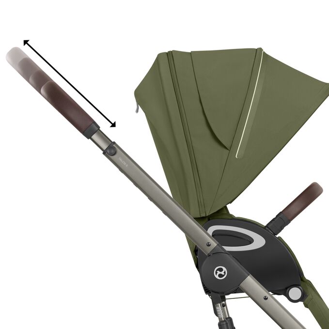 An image of the CYBEX Gold Talos S Lux 2025 Stroller, highlighting the One-hand Height-adjustable Handlebar feature.