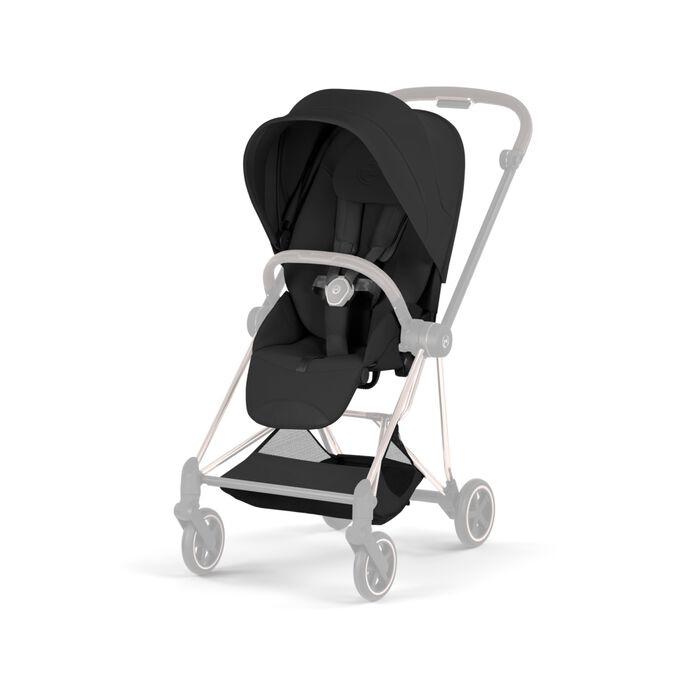 An image of the CYBEX Platinum Mios Seat Pack - Style Collection Stroller, highlighting the Large Color-matching Shopping Basket feature.