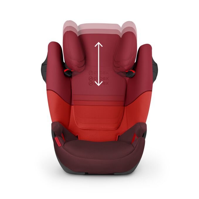 Ein Bild des CYBEX Silver Solution M-Fix Child Car Seat, das das Merkmal 12-fach höhenverstellbare kopfstütze hervorhebt.