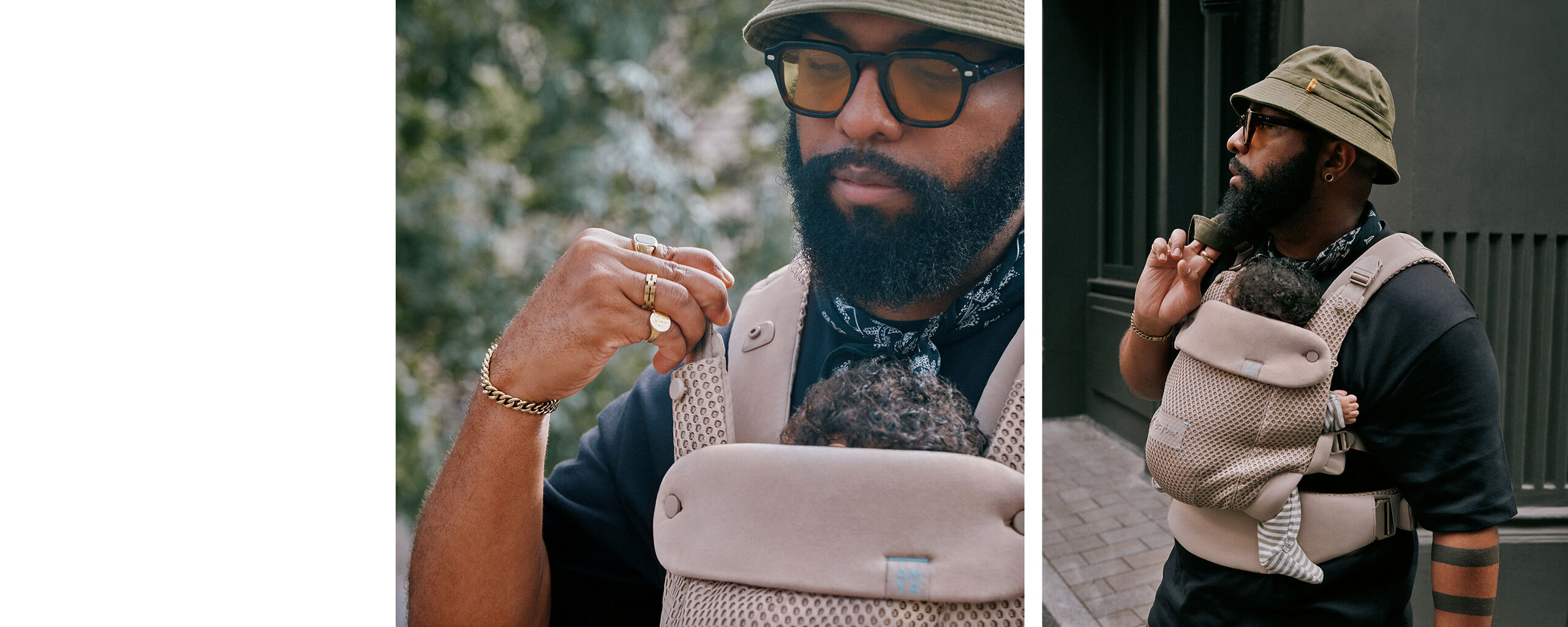 Two pictures of a man wearing sunglasses and a hat, several rings on his fingers and a bracelet. He is holding his baby in an Amya baby carrier.