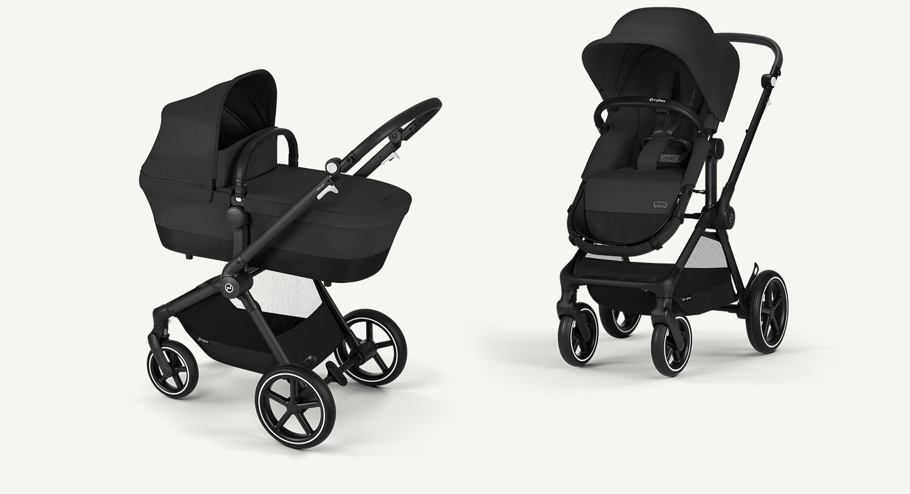 Product shots of a Eos Lux stroller in Moon Black, on the left cot mode, on the right seat mode.