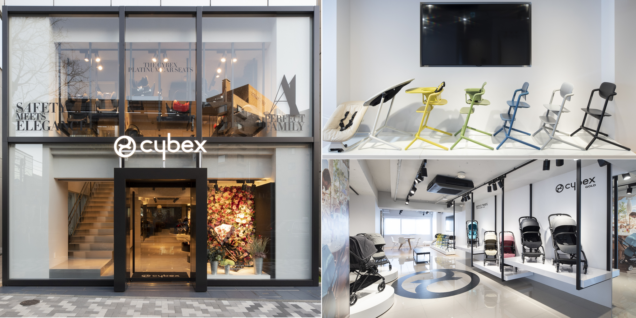 Storefront and interior view of a Cybex store featuring strollers and high chairs.