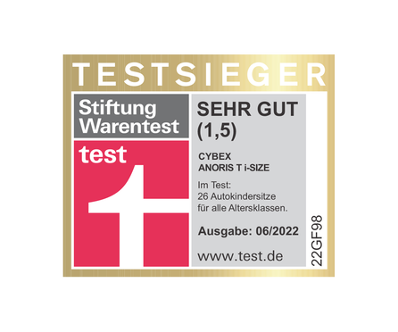 Test winner label from Stiftung Warentest for the CYBEX Anoris T i-Size, rated "Very Good" (1.5) in issue 06/2022.
