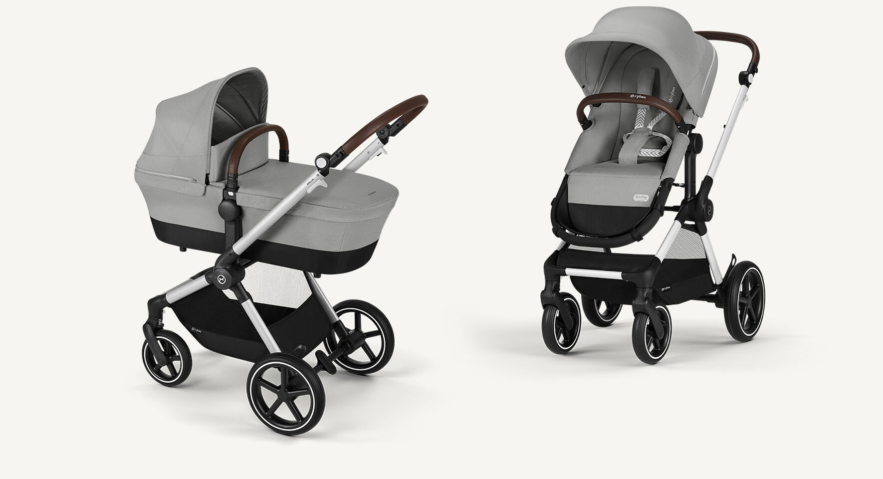Product shots of a Eos Lux stroller in Stone Grey, on the left cot mode, on the right seat mode.