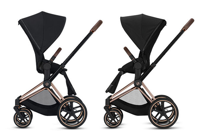 An image of the CYBEX Platinum Priam 3 Frame Stroller, highlighting the Reversible seat unit feature.