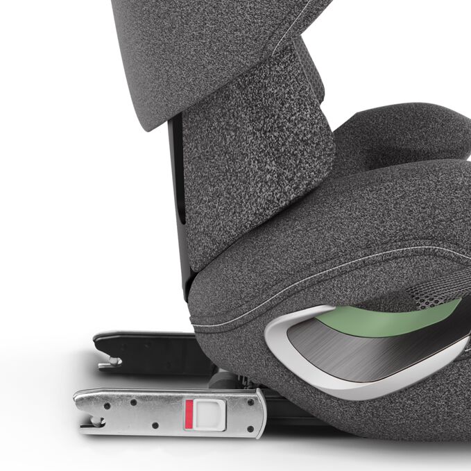 Ein Bild des CYBEX Platinum Solution T i-Fix Child Car Seat, das das Merkmal Einfache Installation und extra Stabilität hervorhebt.