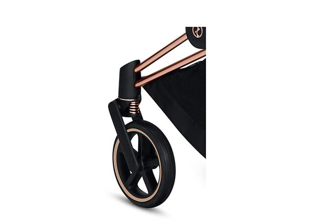 An image of the CYBEX Platinum Mios 2  Frame Stroller, highlighting the All wheel suspension feature.