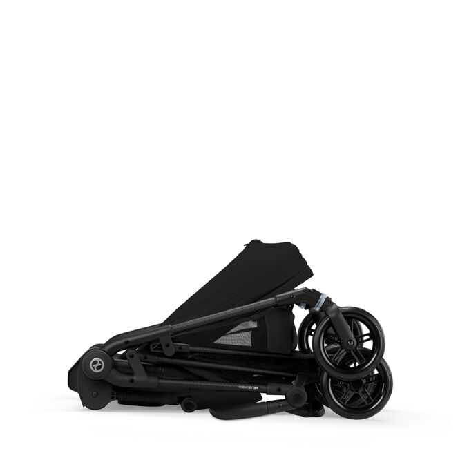 An image of the CYBEX Gold Melio Carbon Stroller, highlighting the Compact Fold feature.