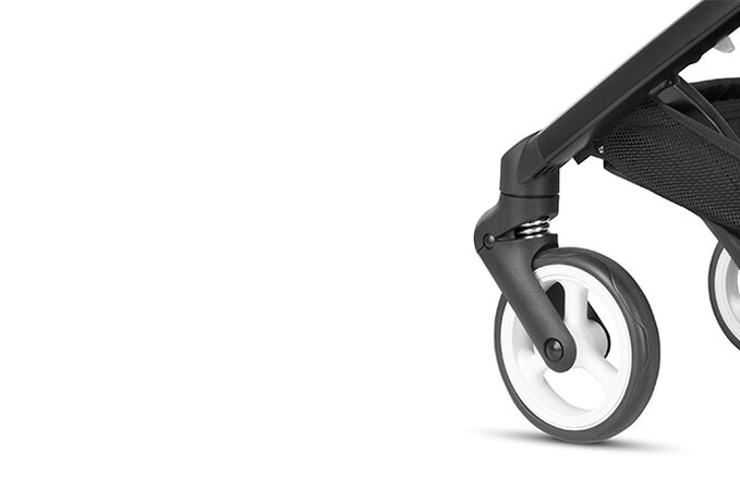 An image of the CYBEX Gold Libelle 1 Buggy, highlighting the Smooth Front-Wheel Suspension feature.