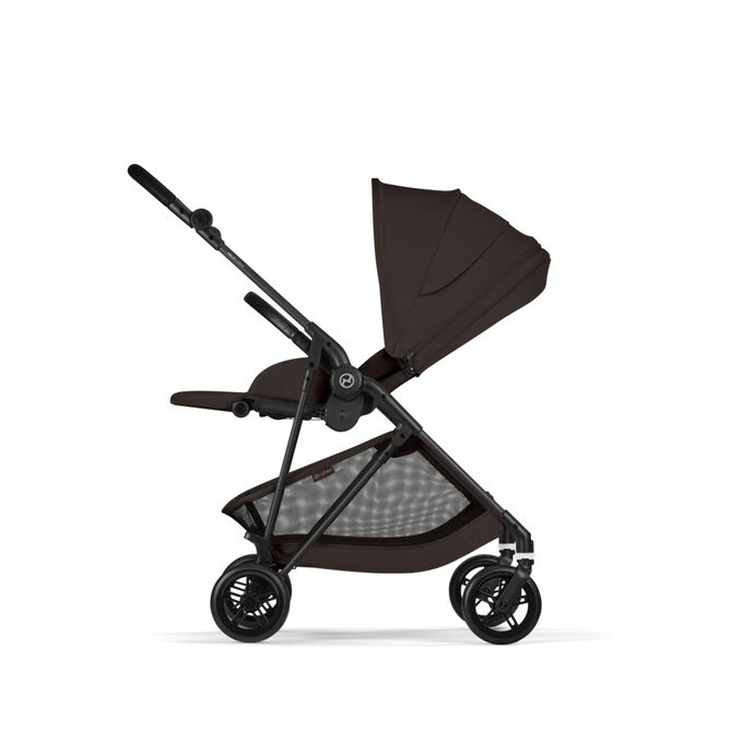 An image of the CYBEX Gold Melio Carbon Stroller, highlighting the One-hand Recline to a Full Lie-flat Position feature.