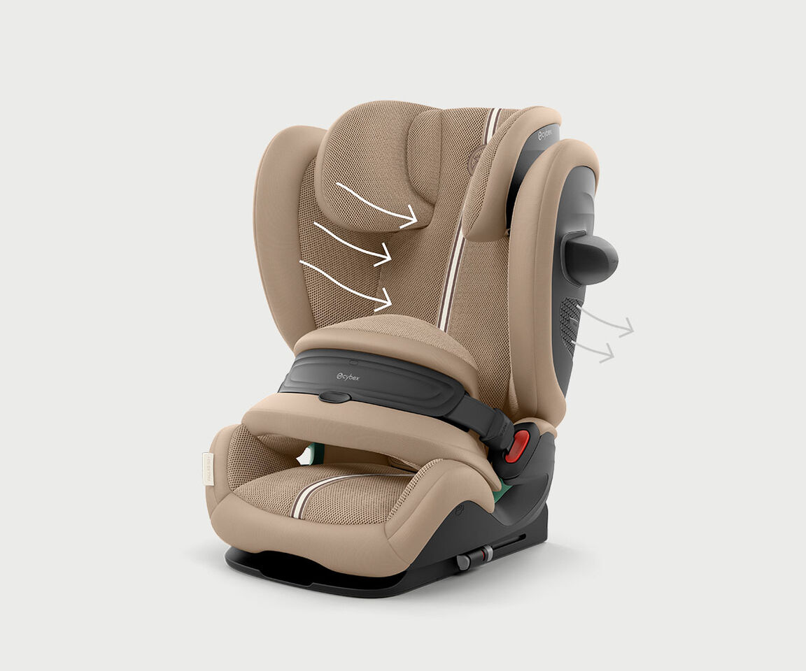 Pallas G3 grow-with-me car seat in beige fabric, side adjustments visible