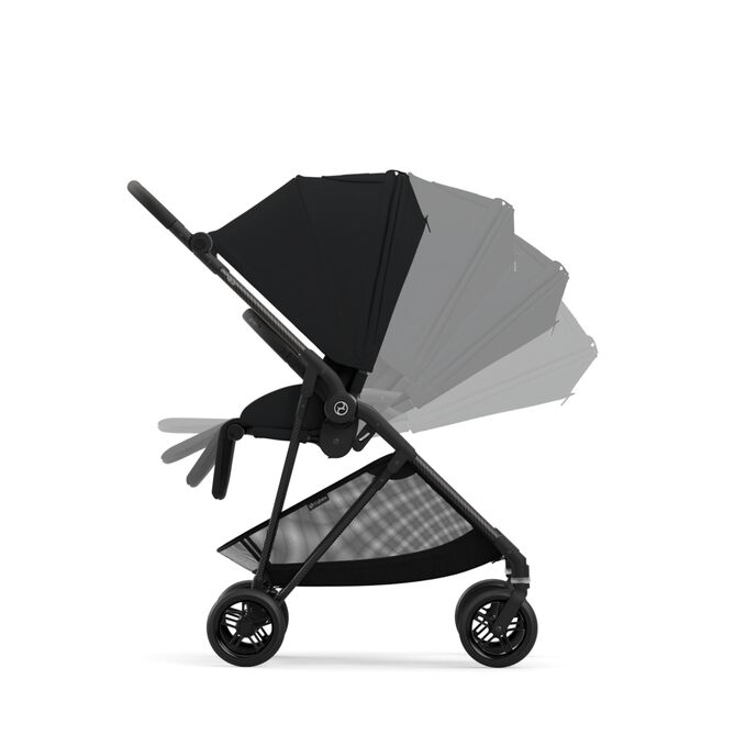 Ein Bild des CYBEX Gold Melio Carbon 2023 Stroller, das das Merkmal Einhand-Verstellung der Rückenlehne hervorhebt.