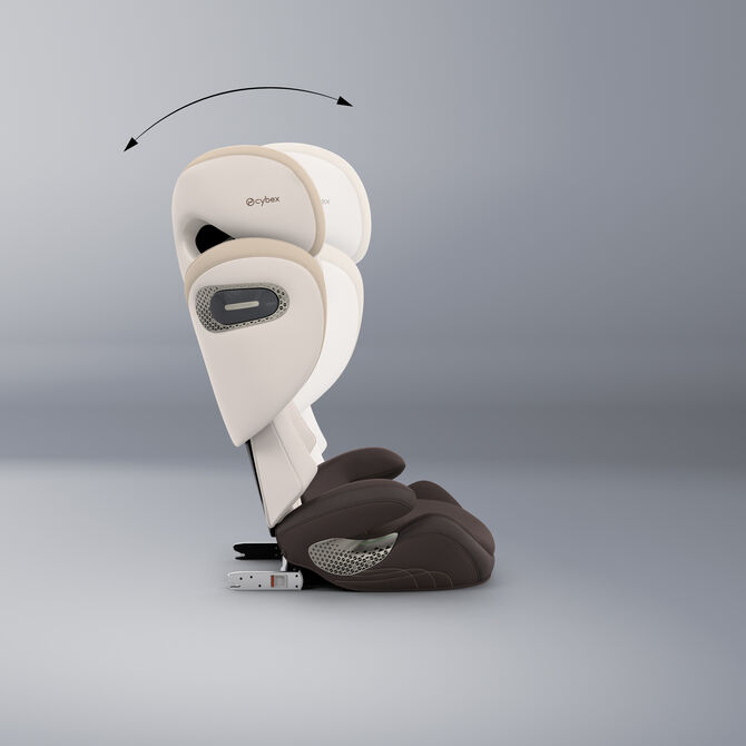 Side view of a Solution car seat and arrows showing that the backrest can be reclined.