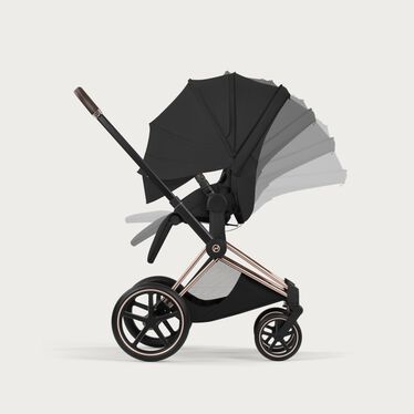 An image of the CYBEX Platinum Priam/e-Priam Seat Pack - Style Collection Stroller, highlighting the Ergonomic Lie-Flat with XXL Extendable Canopy feature.