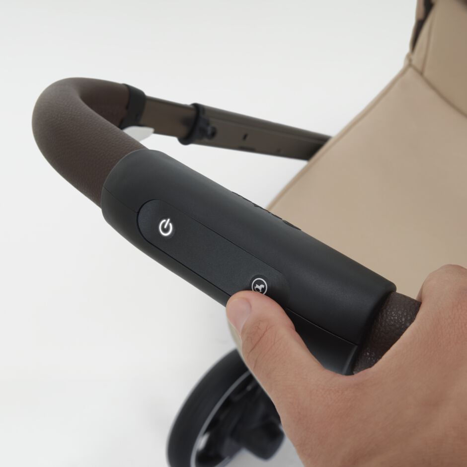 An image of the CYBEX Gold e-Gazelle S Sibling Stroller, highlighting the Rocking Mode feature.