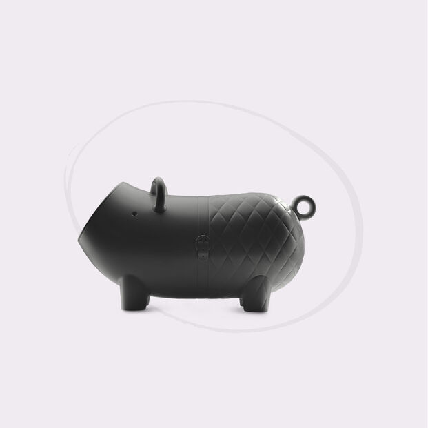 A black, pig-shaped toy with a round handle at the back end, designed by CYBEX Club.