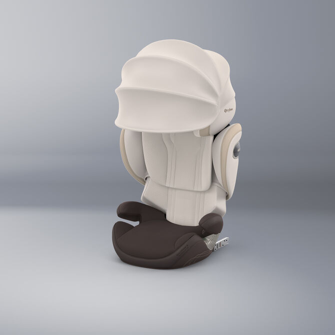 An image of a Solution S child car seat with opened sun canopy.