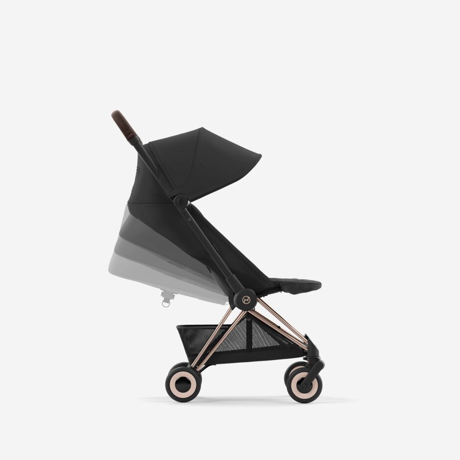 An image of the CYBEX Platinum Coya (2025) Buggy, highlighting the Ergonomical Lie-flat & Integrated Legrest feature.
