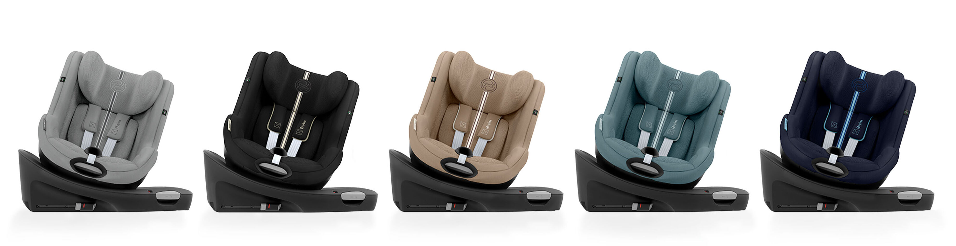Line-up of Sirona G i-Size car seats in all the different colors. From left to right: Stone Grey Plus, Moon Black Plus, Almond Beige Plus, Stormy Blue Plus, Ocean Blue Plus