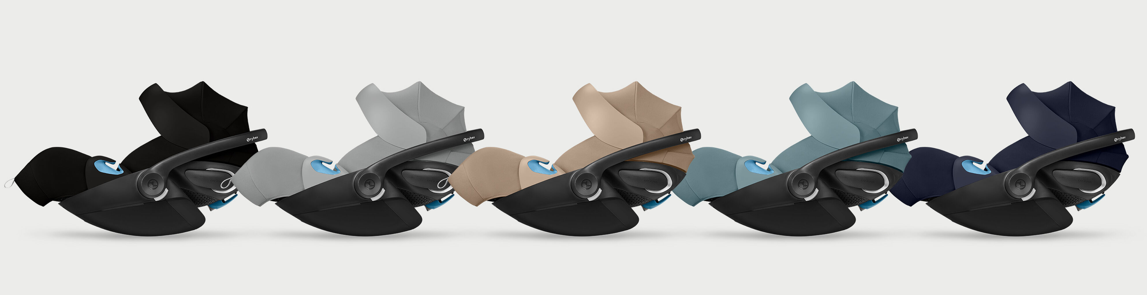 Five Cloud G Pro infant car seats next to each other in sideview, different colors.