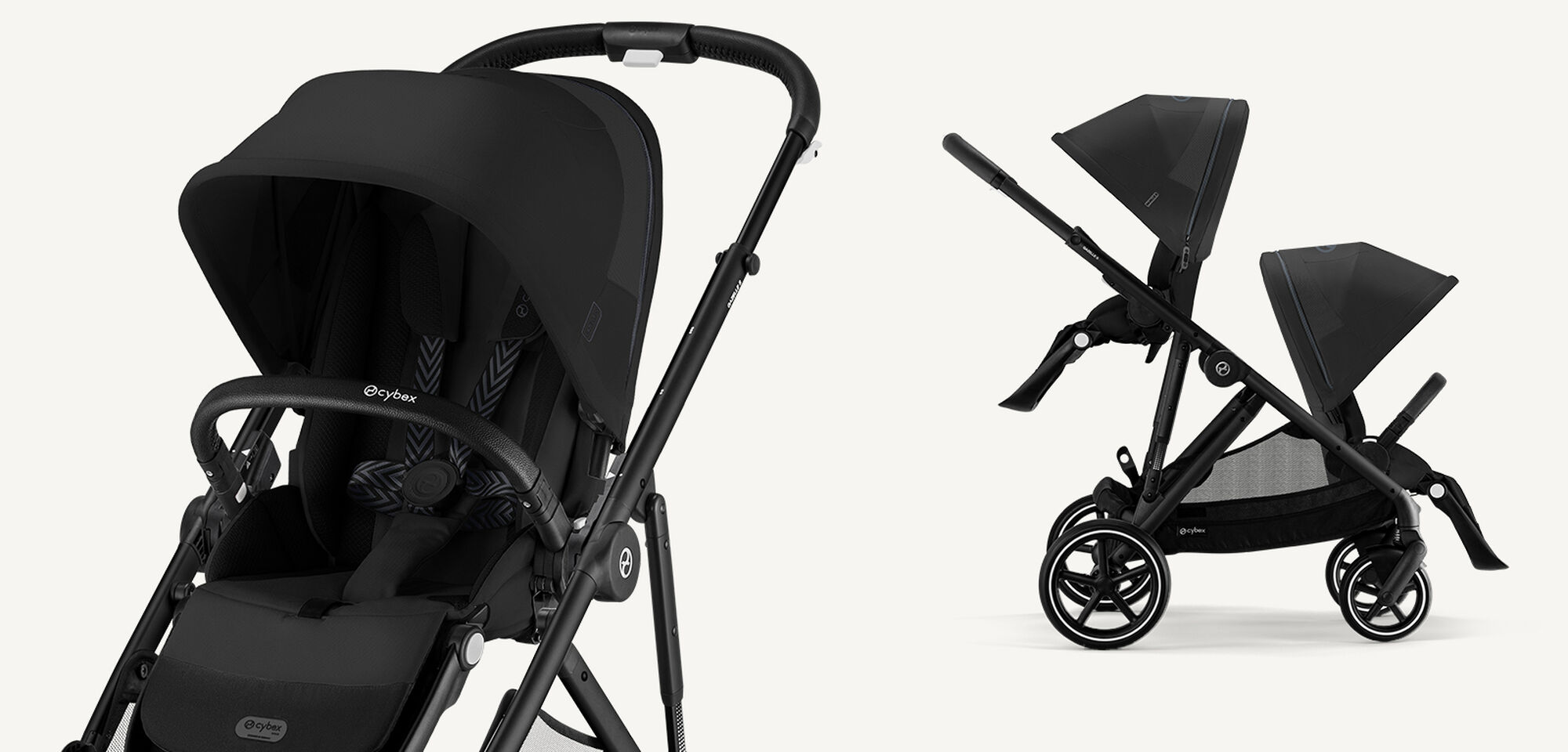 Two product shots of a Gazelle S stroller in Moon Black, one in single, one in sibling/twin mode.