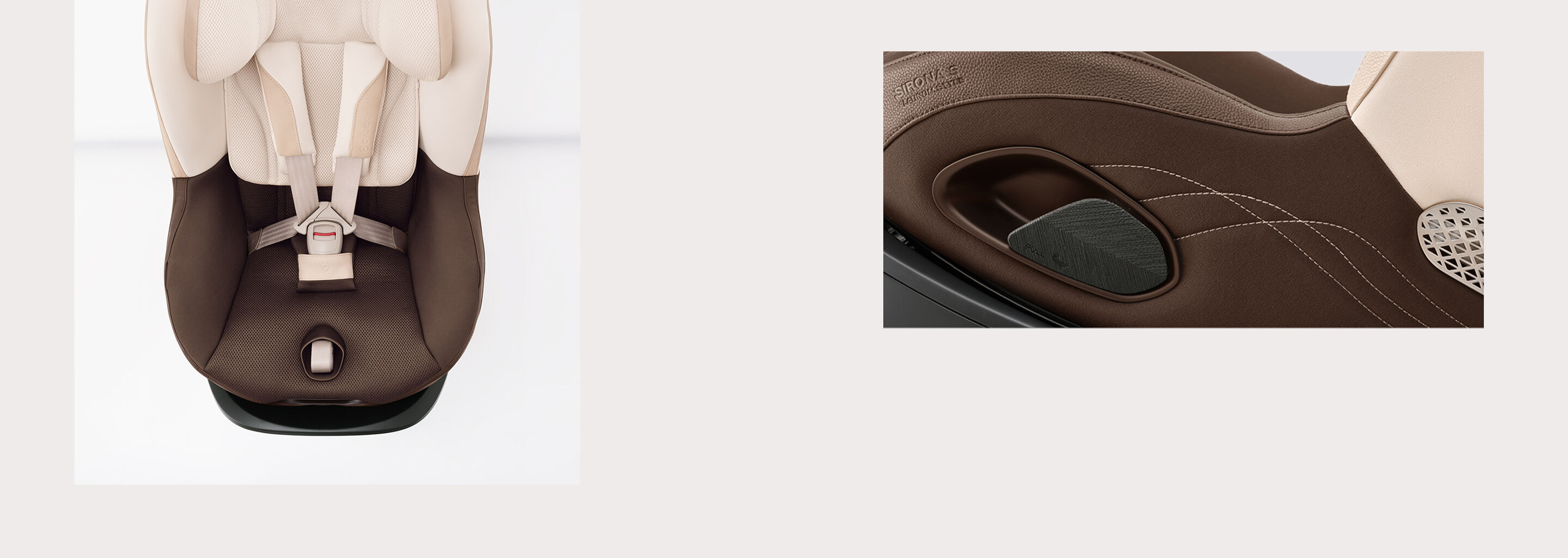 View from above on the Sirona S car seat and close up of the Sirona S stitching on the side.