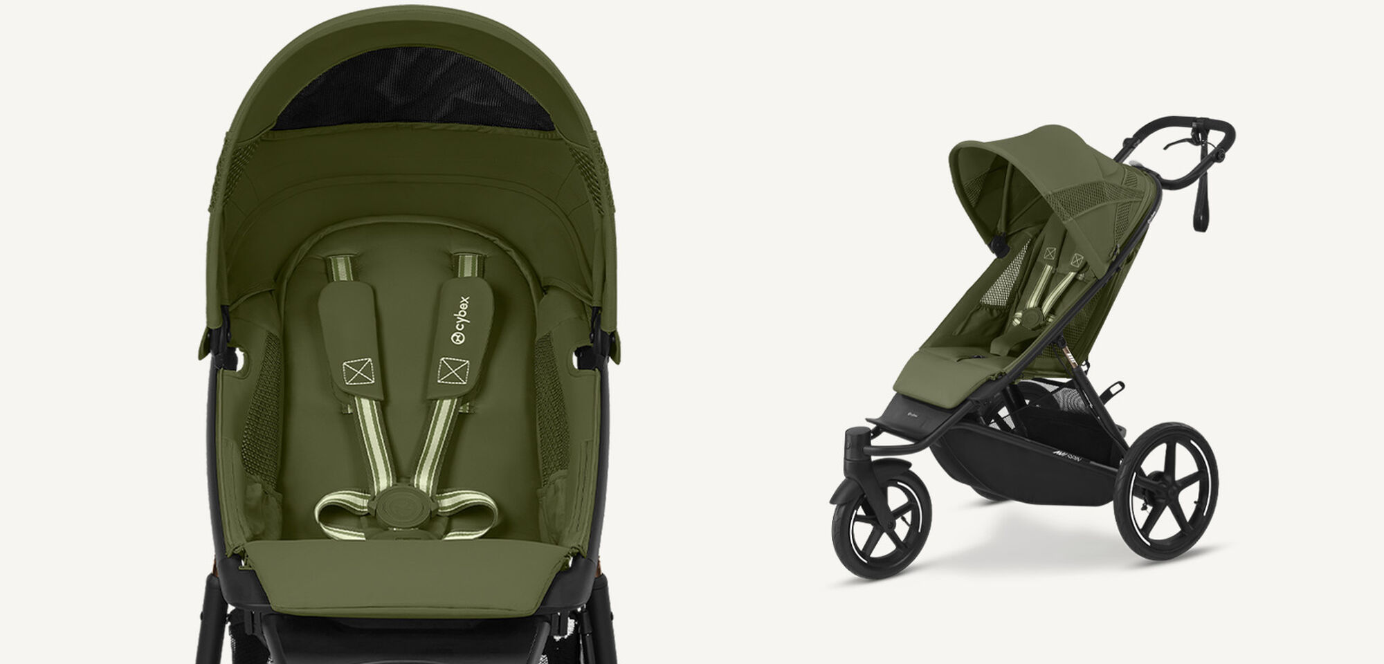 Two product shots of an Avi Spin in Moss Green, on the left, a close-up, on the right, sideview.