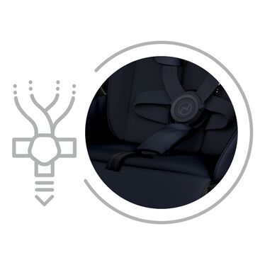 An image of the CYBEX Gold Melio 2023 Stroller, highlighting the One-pull Harness feature.