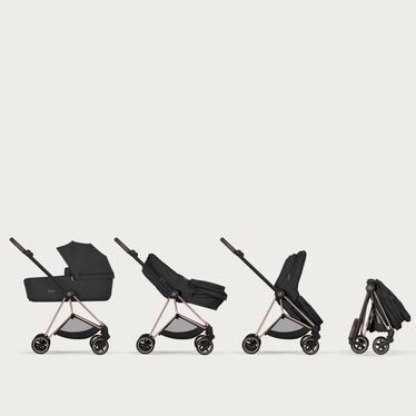 An image of the CYBEX Platinum Mios Fold Lux Carry Cot Stroller, highlighting the Folds Compact on Frame feature.