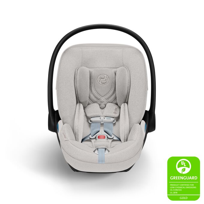 An image of the CYBEX Platinum Cloud T with Load Leg Base Infant Car Seat, highlighting the GREENGUARD Gold Certified feature.