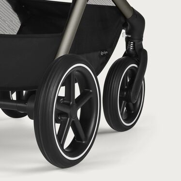 An image of the CYBEX Gold Eos Lux Stroller, highlighting the Front Wheel Suspension feature.