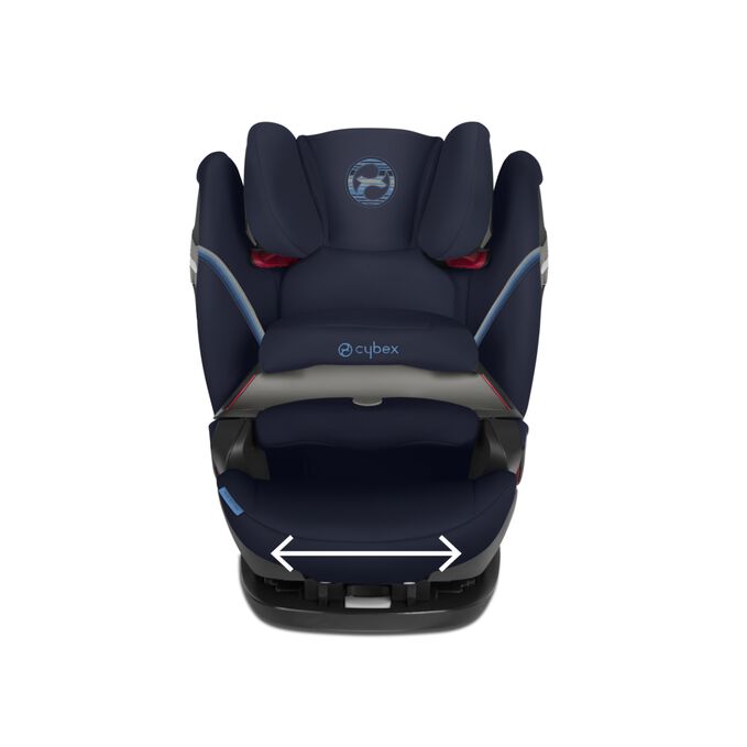 Afbeelding van de CYBEX Gold Pallas S-Fix Toddler Car Seat, met de nadruk op de functie Extra breed zitkussen.
